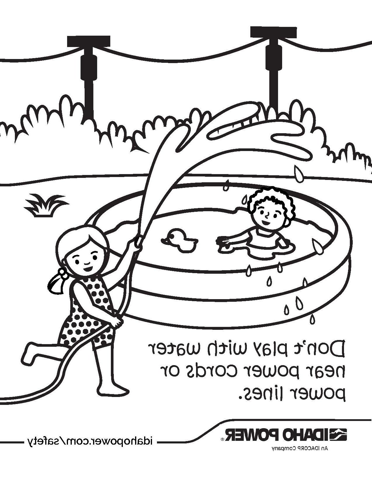 Coloring page of kids playing outside with water that says, Don't play with water near power cords or power lines.